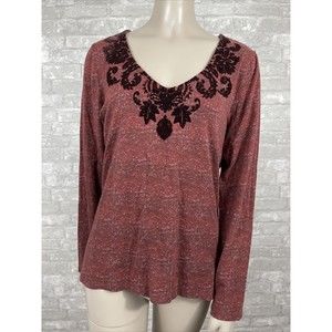 Soft Surroundings Small Red V-neck Long Sleeve with Velvet Leaf Detail #26867